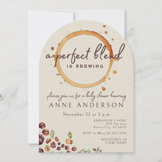 完璧なブレンドは、コーヒーの赤ちゃんシャワーアーチを醸造する 招待状 (正面)