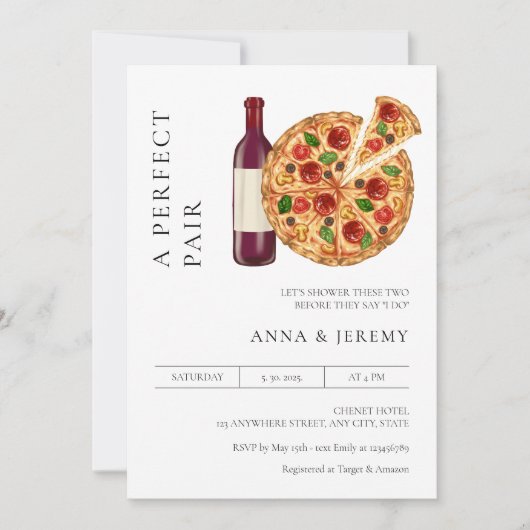 完璧なペアピザワインカップルのシャワー 招待状 (正面)