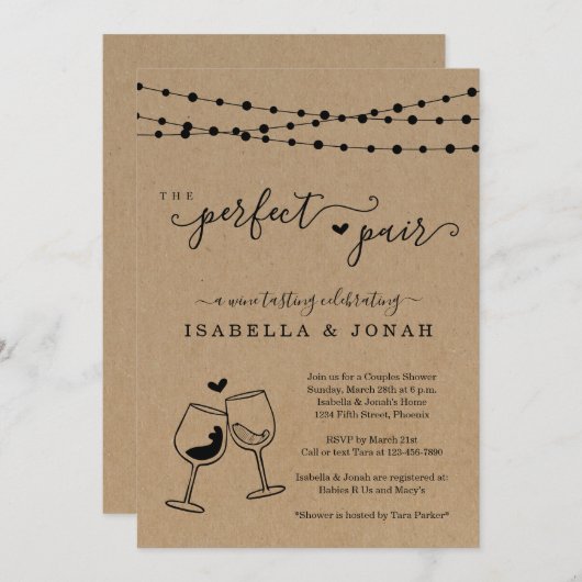 完璧なペアワインテイスティングカップルのシャワー 招待状 (正面/裏面)