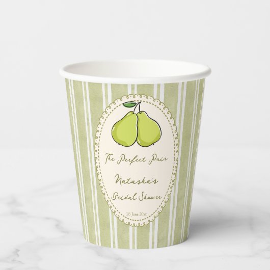 完璧なペア サージュグリーン ストライプ 梨のブライダルシャワー 紙コップ (裏面)
