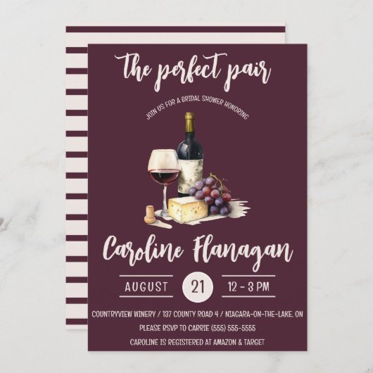 完璧なペア!ワイン&チーズブライダルシャワー 招待状 (正面/裏面)