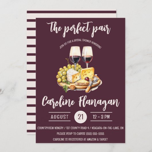 完璧なペア!ワイン&チーズブライダルシャワー 招待状 (正面/裏面)