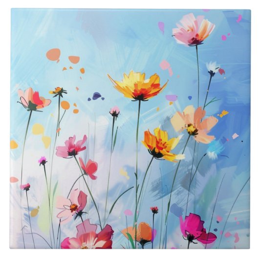 完璧な夏の日、晴れた空と咲く花 タイル (正面)