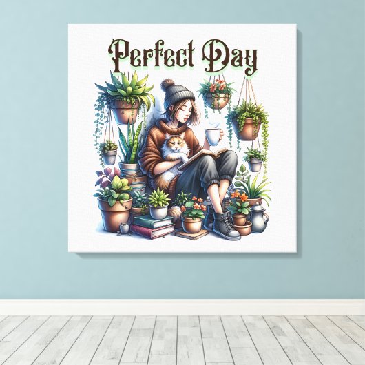 完璧な日 |女読の子と猫と植物 キャンバスプリント (インサイチュ (ウッドフロア))