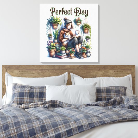 完璧な日 |女読の子と猫と植物 キャンバスプリント (インサイチュ (寝室))