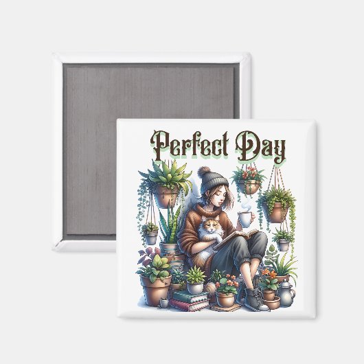 完璧な日 |女読の子と猫と植物 マグネット (正面/裏面)
