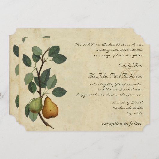 完璧な梨ペアの果樹園、納屋、ファーム結婚ズ 招待状 (正面/裏面)