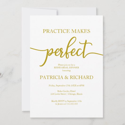 完璧な練習は金色のリハーサルディナー 招待状 (正面)
