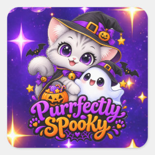 完璧にスプーキー - かわいいハロウィンの猫ステッカー スクエアシール