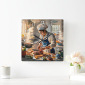 完璧クールなカラフルシェフ スクエア壁時計 (ホーム)