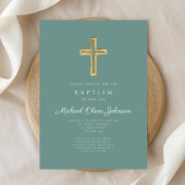 宗教のクロスグリーン手書き少年洗礼 招待状