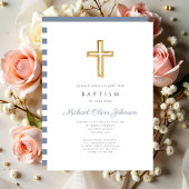 宗教の十字架 ダスティーブルーのストライプ 男の子の洗礼 招待状