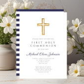 宗教の十字架 ネイビーブルー 男の子 初領聖体 招待状