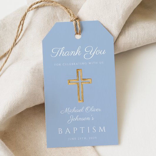宗教の十字架 ベイビーブルーの男の子の洗礼 ギフトタグ