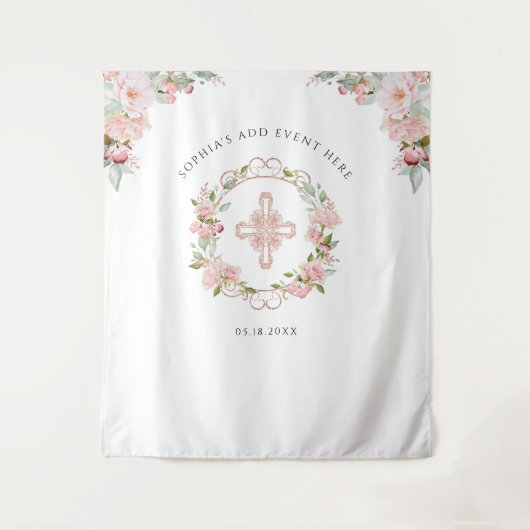 宗教イベント用、ほんのりピンクの花模様の写真用背景 タペストリー (正面)
