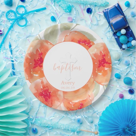 宗教エレガントな水彩画のモモのシャクヤクの洗礼 ペーパープレート (パーティー)