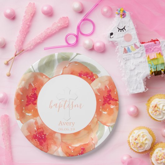 宗教エレガントな水彩画のモモのシャクヤクの洗礼 ペーパープレート (パーティー)