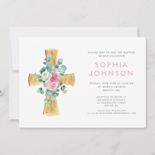 宗教エレガントフローラクロスガールバプテスマ 招待状 (正面)