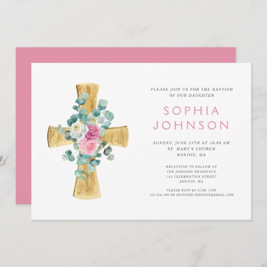 宗教エレガントフローラクロスガールバプテスマ 招待状 (正面/裏面)