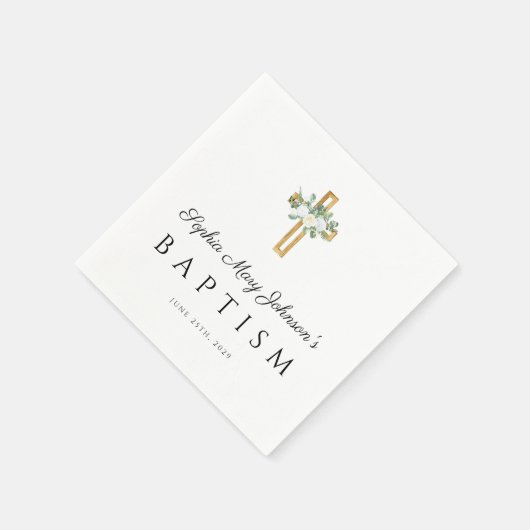 宗教エレガント十字白フローラバプテスマ スタンダードカクテルナプキン (角)