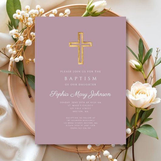宗教エレガント十字紫色のスクリプトガールバプテスマ 招待状