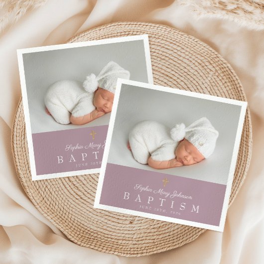 宗教エレガント十字紫色の写真バプテスマ スタンダードカクテルナプキン