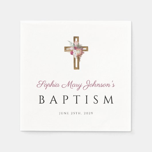 宗教エレガント十字赤フローラ洗礼 スタンダードカクテルナプキン (正面)