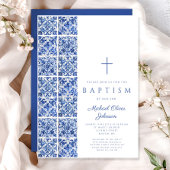 宗教エレガント十字青タイル洗礼 招待状