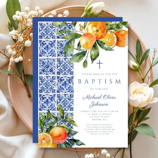 宗教エレガント十字青タイル洗礼 招待状