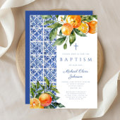 宗教エレガント十字青タイル洗礼 招待状
