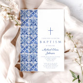 宗教エレガント十字青タイル洗礼 招待状