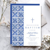 宗教エレガント十字青タイル洗礼 招待状