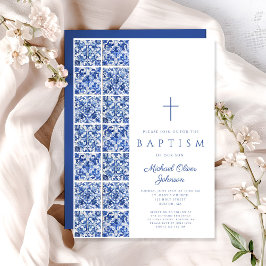 宗教エレガント十字青タイル洗礼 招待状