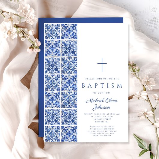 宗教エレガント十字青タイル洗礼 招待状