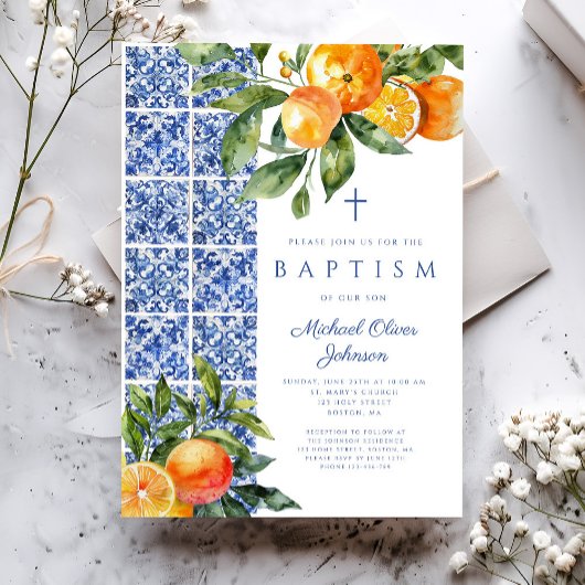 宗教エレガント十字青タイル洗礼 招待状