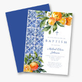 宗教エレガント十字青タイル洗礼 招待状