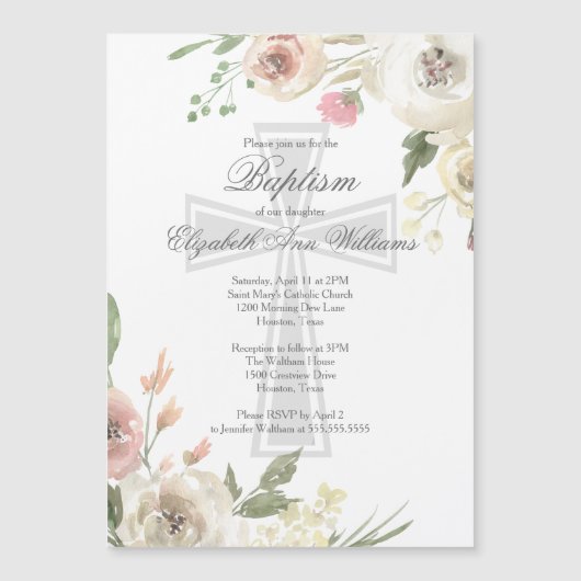 宗教エレガント洗礼式ピンクフローラ マグネット招待状 (正面)
