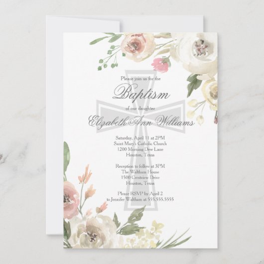 宗教エレガント洗礼式ピンクフローラ 招待状 (正面)