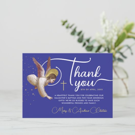 宗教エレガント的な青の白いエンジェル賛美の脚本 サンキューカード (スタンド正面)