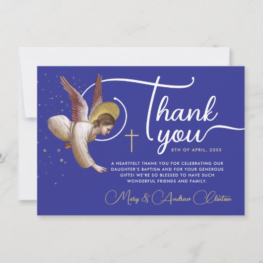 宗教エレガント的な青の白いエンジェル賛美の脚本 サンキューカード (正面)