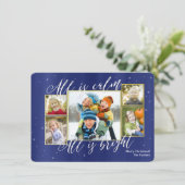 宗教クリスマスのコラージュの写真カード、青い金ゴールド シーズンカード (スタンド正面)