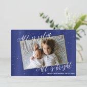 宗教クリスマスフォトカード、ネービーブルー金ゴールド シーズンカード (スタンド正面)