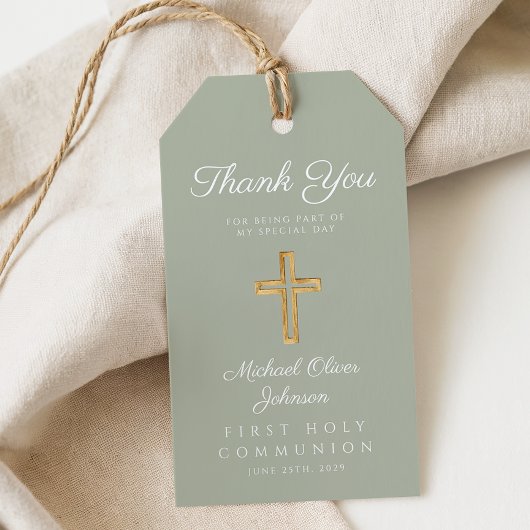 宗教クロスセージ緑の最初の聖餐式 ギフトタグ