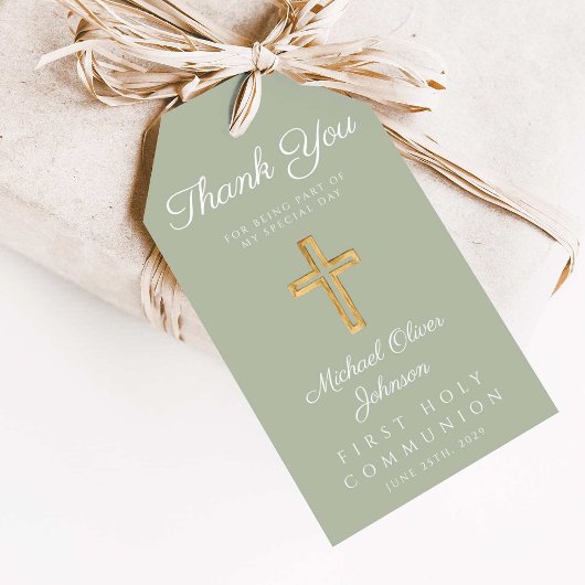 宗教クロスセージ緑の最初の聖餐式 ギフトタグ