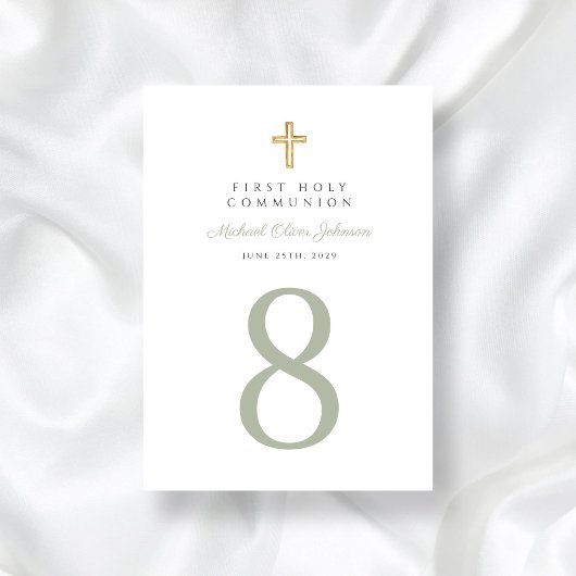 宗教クロスセージ緑の男の子ファースト聖餐式 テーブルナンバー