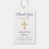 宗教クロスブルーストライプの少年ファーストコミュニオン ギフトタグ (正面)