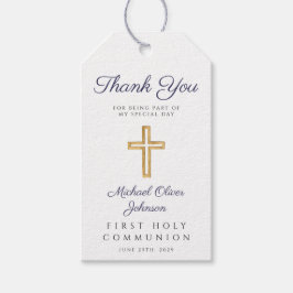 宗教クロスブルーストライプの少年ファーストコミュニオン ギフトタグ