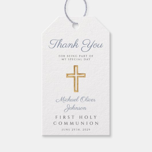 宗教クロスボーイブルーストライプファーストコミュニオン ギフトタグ (正面)