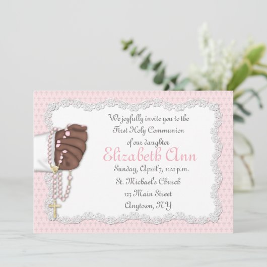 宗教ピンクの数珠のビーズ 招待状 (スタンド正面)