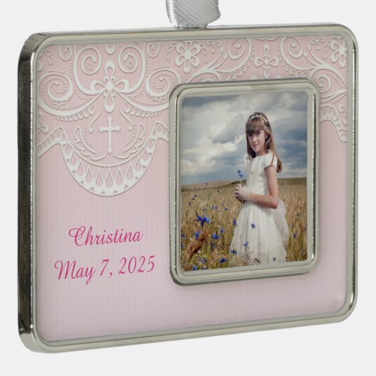 宗教ピンク、白いレース シルバープレートフレームオーナメント (右)